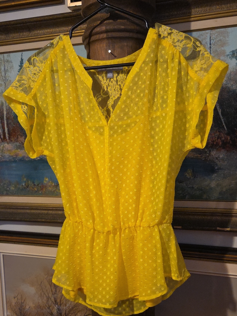 NY Collection Yellow Lace-Back Peplum Blouse
